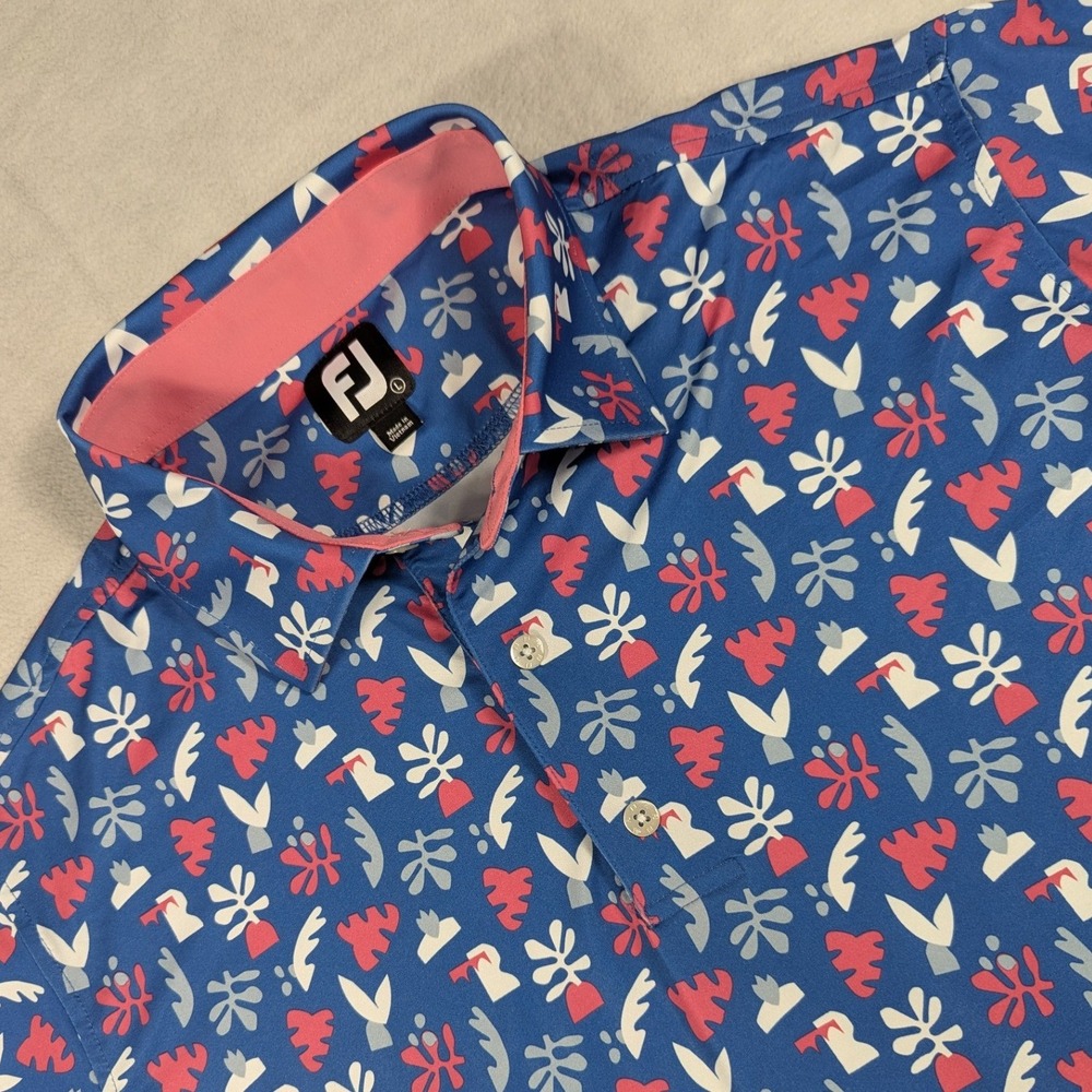 FootJoy Golf Polo Mens Large Blue Red Abstract Floral Print Shirt